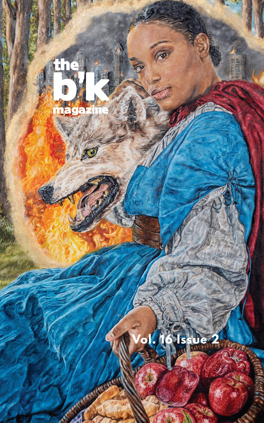 02_Spring2025_Cover Cover art by Amuri Morris featuring a woman in a blue heavy gown crouches with her pet wolf sitting behind her. The subject is in a vast forest with bits of bright blue sky peaking through. Behind her a gold portal opens to another world of flames and a burning city.