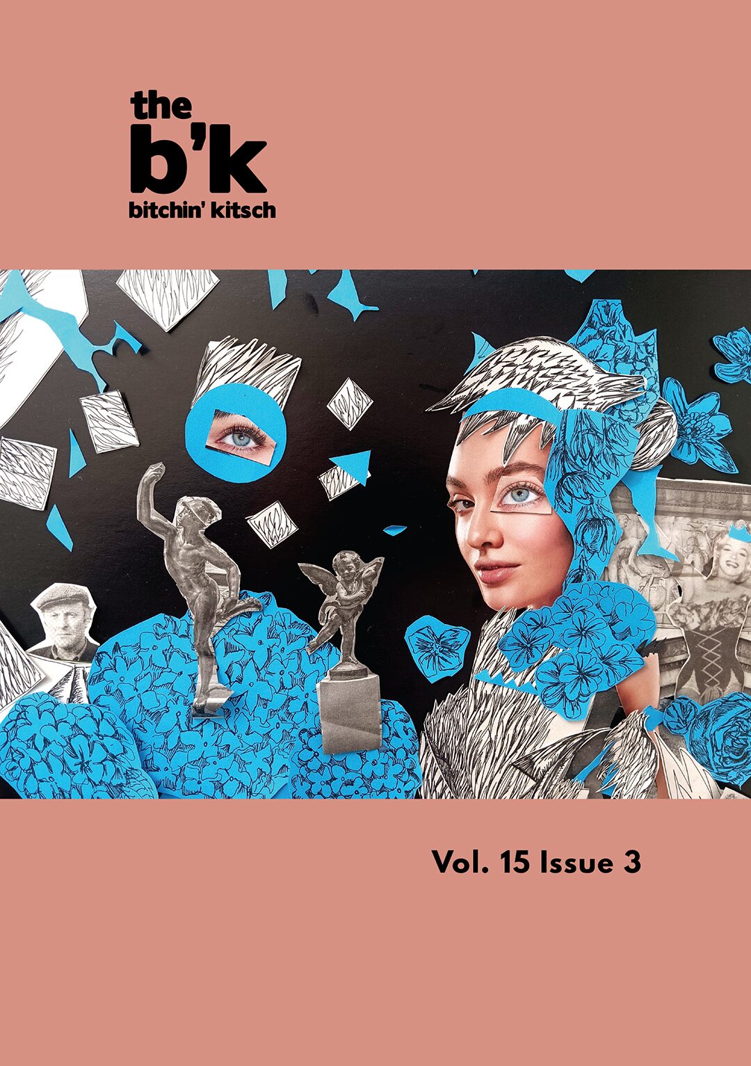 03_Summer2024Cover Cover art by Irina Tall Novikova. On a black background there is a girl in a robe with blue flowers on her head. Behind her on the left there is a blue field of flowers on which there are two statues, a statue of a young man in a helmet and a statue of a boy with wings holding an animal, on the right there is a frieze with statues of ancient Greek gods with a blonde woman laid on top.