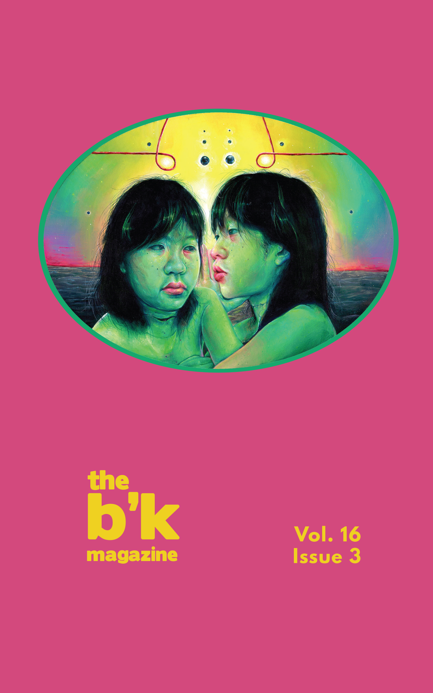 Image is the cover art by Jennie Cao which features double green self-portraits of the artist where one is whispering into the other's ear. There is a bright sunset and a stormy ocean behind them.