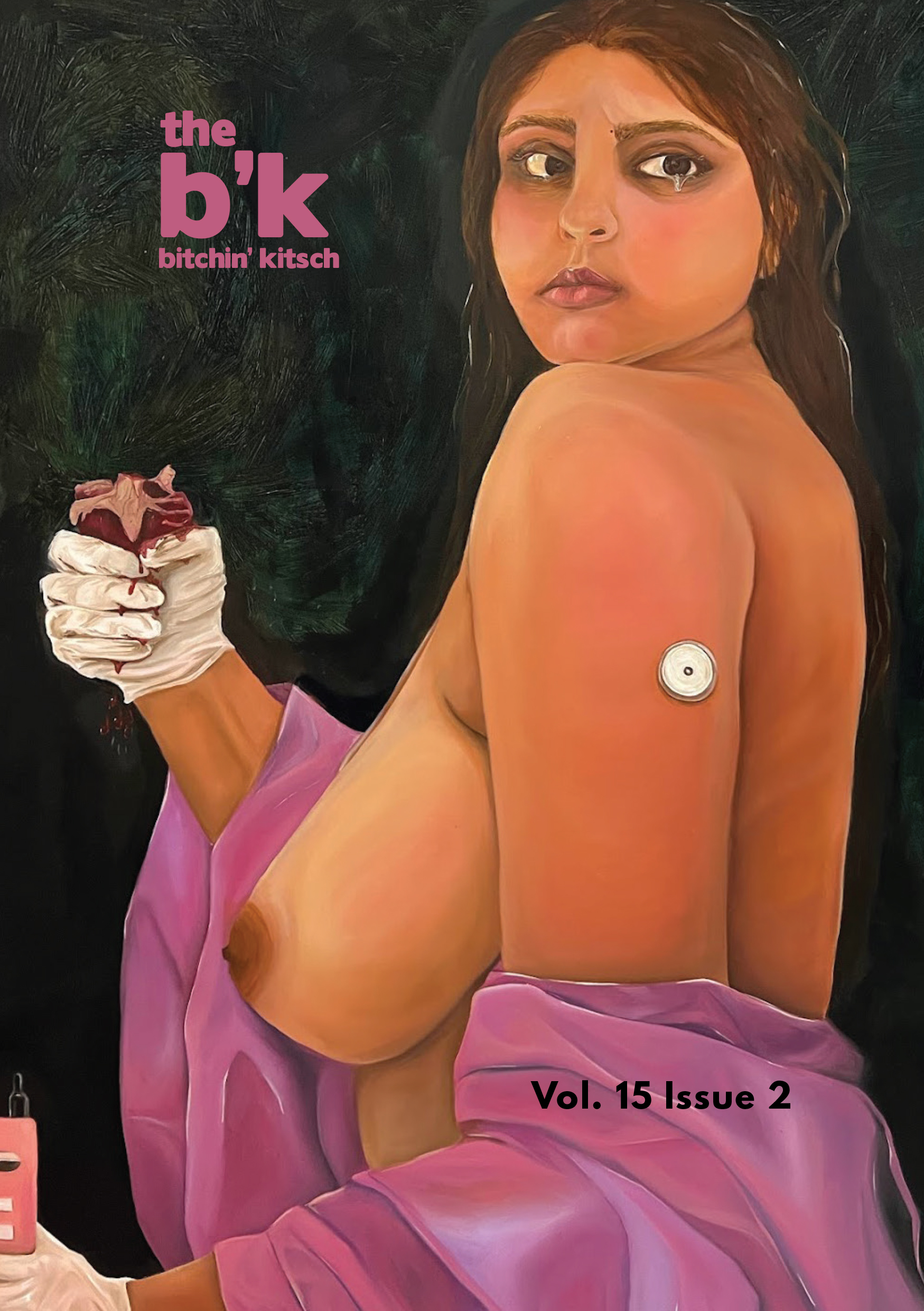 TheBKVol15Issue2Cover Cover art by Aleena Sharif depicting a nude brunette woman crying with a pink shawl wrapped around her. There's a glucose monitor on her arm. One hand holds an insulin pump and the other holds her heart.
