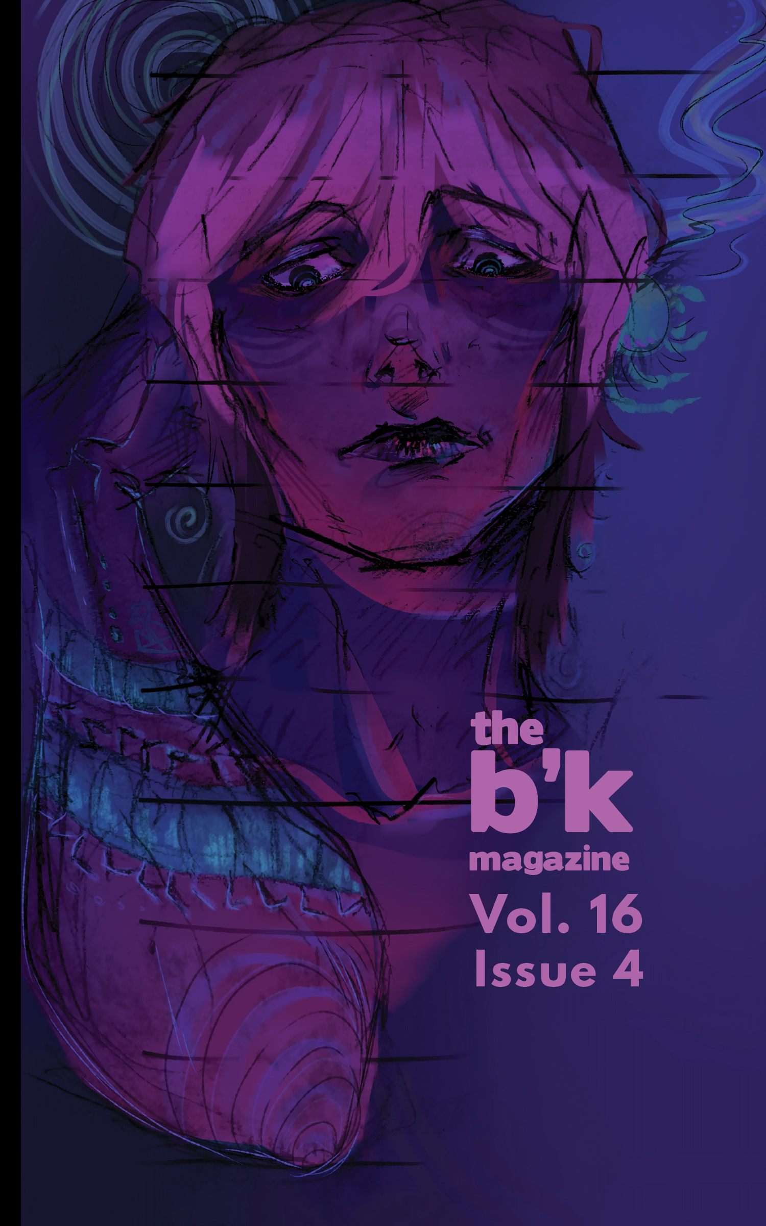 TheBKVol16Issue4Cover Cover art by Aicha Benali. It features a portrait of a man with medium length hair looking down on the viewer. The illustration takes purples, blues, and pinks as its main colors with highlights of green and teal.